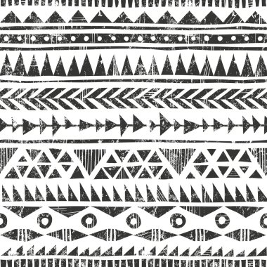Vektör el çekilmiş kabile yazdırma. İlkel geometrik arka planda grunge tarzı.