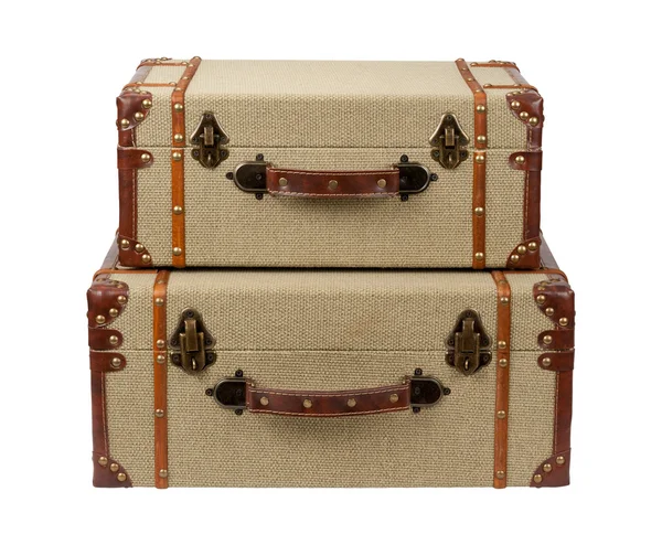 Stacked Deco Wood Burlap Suitcases — Stock Photo, Image