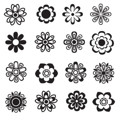 Siyah ve beyaz çiçeklerin vektör kümesi.