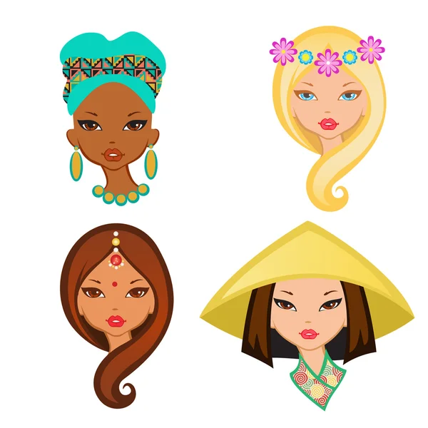Чотири ізольовані портрети маленьких дівчат з різних етнічних груп — стоковий вектор