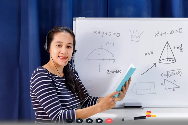 Asian School Woman Teacher Working Home Teach Online Math Student — Stock Photo, Image