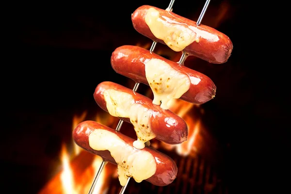 Sausage Cheese Dripping Grill Roast Barbecue Sausages Cheese Selective Focus — Stock Photo, Image