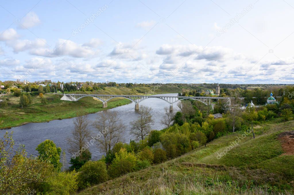 View of the Volga river, the town and road bridge, Staritsa, Tver region, Russian Federation, September 20, 2020