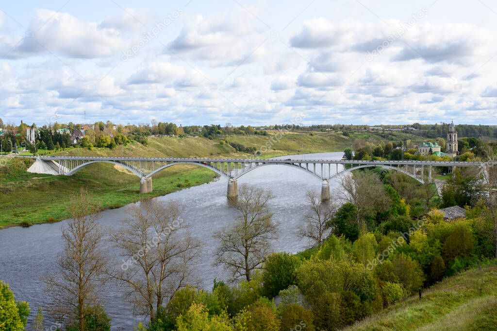 View of the Volga river, the town and road bridge, Staritsa, Tver region, Russian Federation, September 20, 2020