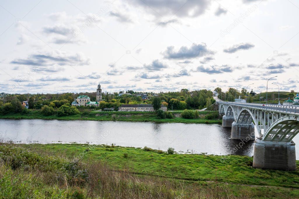 View of the Volga River, the town, the Church of St. Nicholas of Myra and the automobile bridge, Staritsa, Tver region, Russian Federation, September 20, 2020