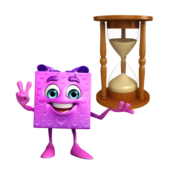 Gift Box Character with sand clock — Stock Photo, Image