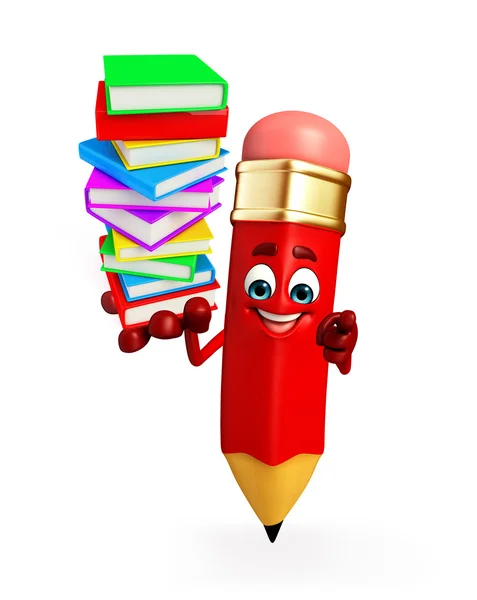 Caráter a lápis com pilha de livros — Fotografia de Stock