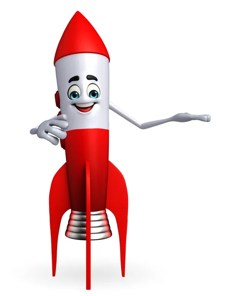 Poz holding ile roket karakter — Stok fotoğraf