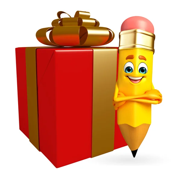 Pencil Character with gift box — Stock Photo, Image