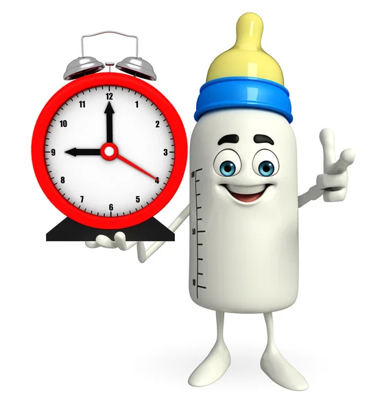 Baby Bottle character with table clock — Stock Photo, Image