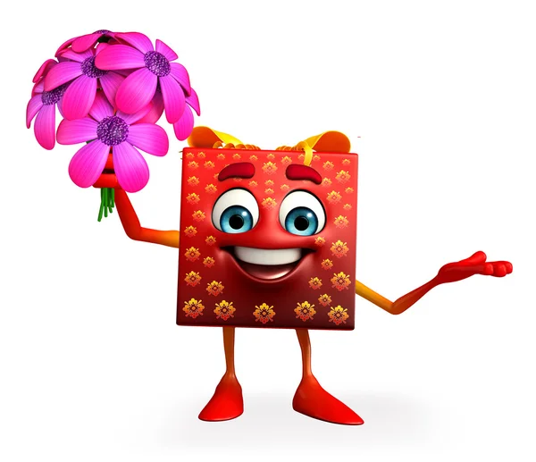 Geschenk box karakter met bloemen — Stockfoto