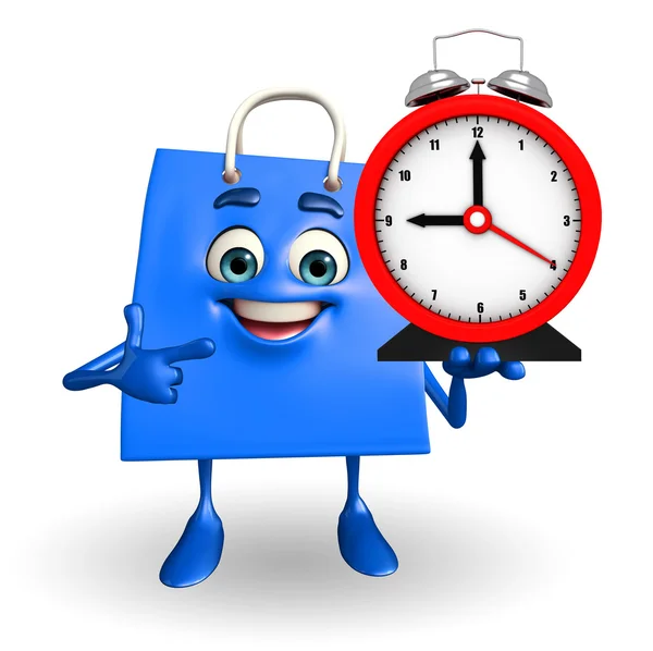 Shopping bag character with table clock — Stock Photo, Image