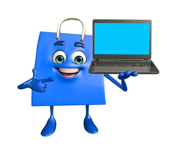 Personagem de saco de compras com laptop — Fotografia de Stock