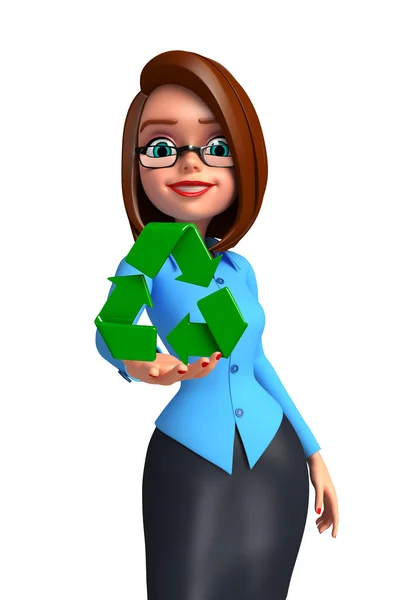 Junge Büromädchen mit Recycling-Ikone — Stockfoto