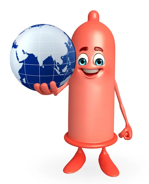 Condom Character with globe — Stock Photo, Image