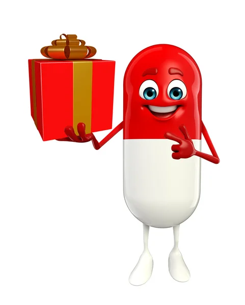 Pill Character with gift box — Stock Photo, Image