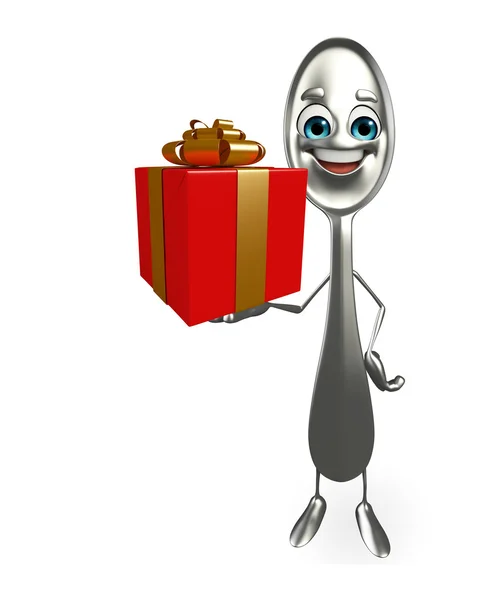 Spoon character with gift box — Stock Photo, Image