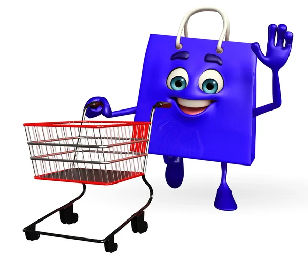 Shopping bag character with trolley — Stock Photo, Image