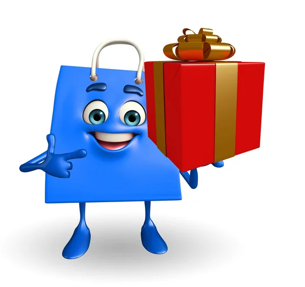 Shopping bag character with gift box — Stock Photo, Image