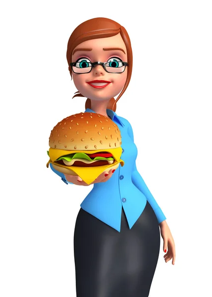 Joven chica de oficina con hamburguesa — Foto de Stock