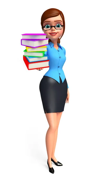 Young office girl with book pile — Stock Photo, Image
