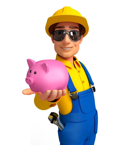Young Mechanic met piggy bank — Stockfoto
