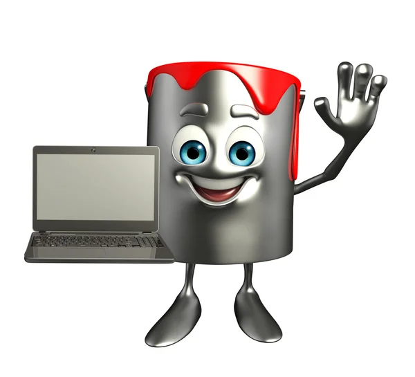 Paint Bucket Character with Laptop — Stock Photo, Image