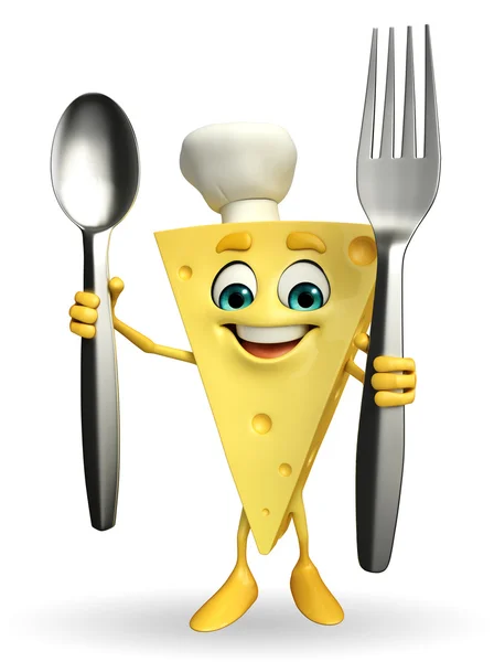 Cheese Character with spoon and fork — Stock Photo, Image