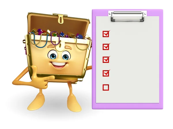 Treasure box character with notepad — Stock Photo, Image