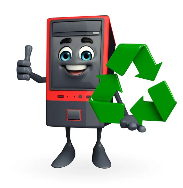 Personagem do armário de computador com ícone de reciclagem — Fotografia de Stock