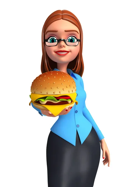 Joven chica de oficina con hamburguesa — Foto de Stock