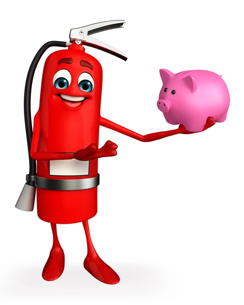 Fire Extinguisher character with piggy bank — Stock Photo, Image