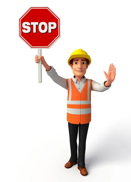 Trabajador joven con señal de stop —  Fotos de Stock