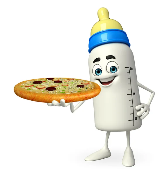 Baby Bottle character with pizza — Stock Photo, Image