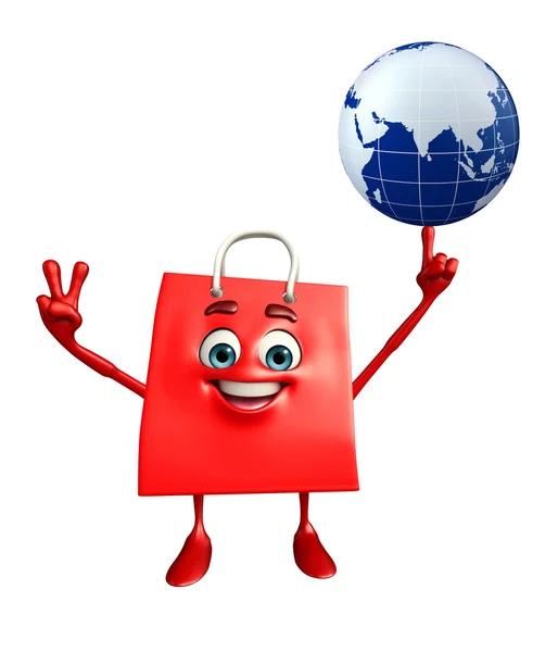 Shopping bag character with globe — Stock Photo, Image