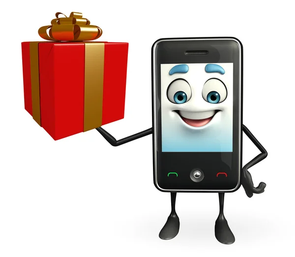Mobiele karakter met doos van de gift — Stockfoto