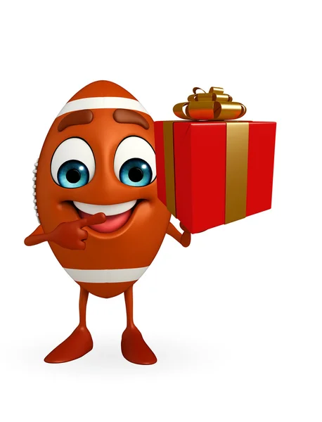 Rubgy ball character with gift box — Stock Photo, Image