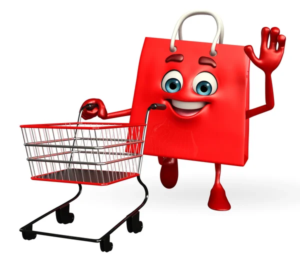 Shopping bag character with trolley — Stock Photo, Image