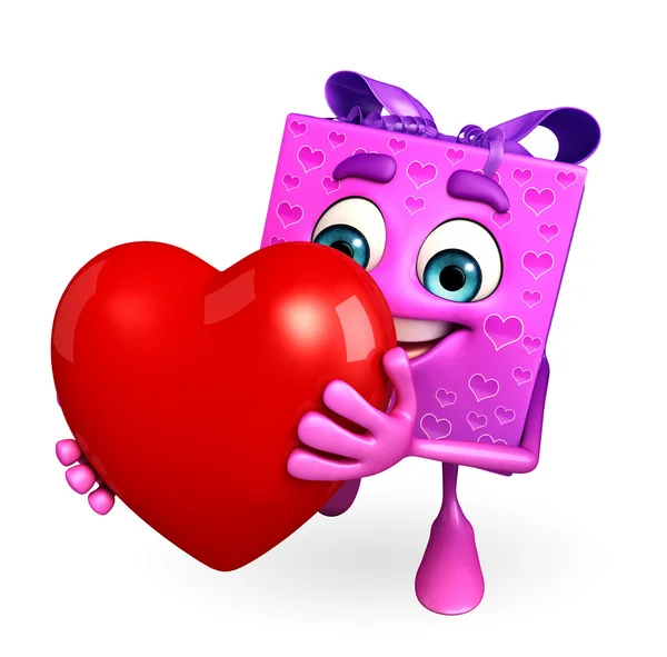Geschenk box karakter met rood hart — Stockfoto