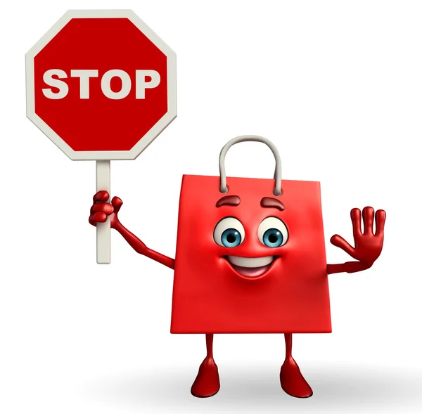 Shopping bag character with stop sign — Stock Photo, Image