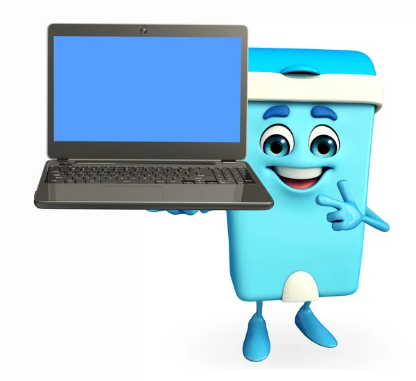 Carácter Dustbin con el ordenador portátil — Foto de Stock