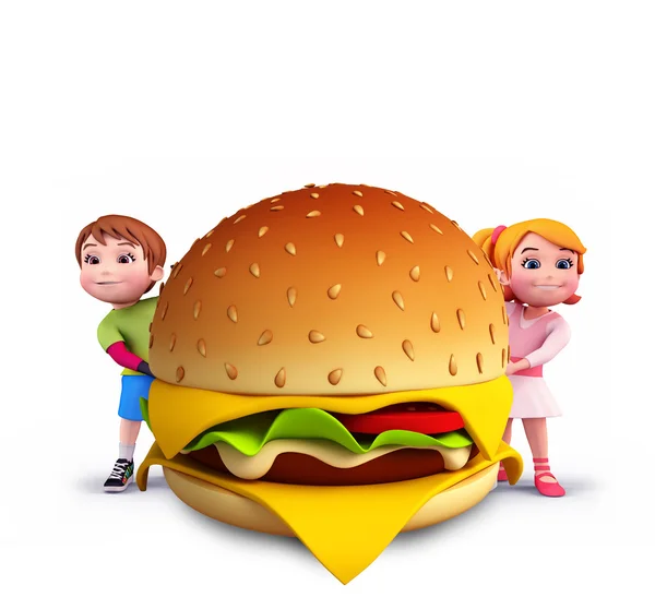 Miúdos bonitos com hambúrguer — Fotografia de Stock
