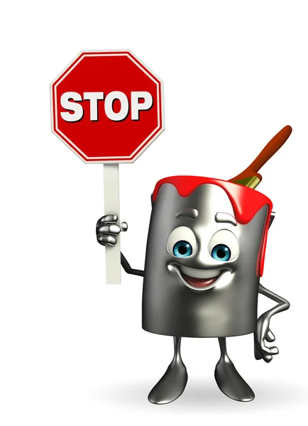 Paint Bucket Character with stop sign — Stock Photo, Image