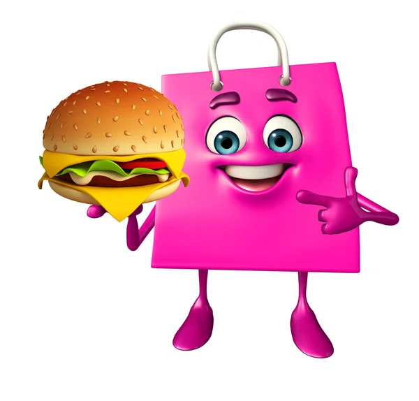 Personaje bolsa de compras con hamburguesa —  Fotos de Stock