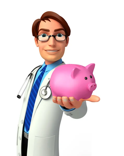 Médico jovem com banco porquinho — Fotografia de Stock