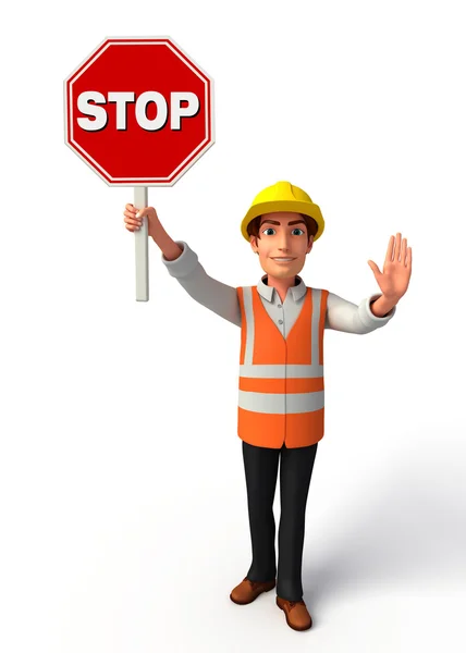 Jeune travailleur avec panneau stop — Photo