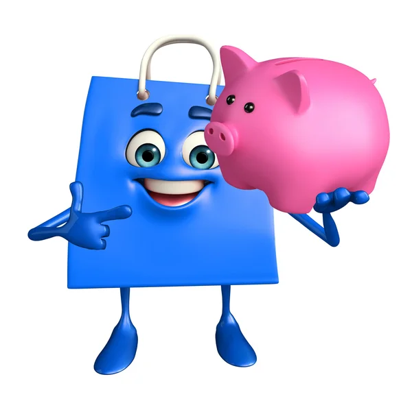 Shopping bag character with piggy bank — Stock Photo, Image