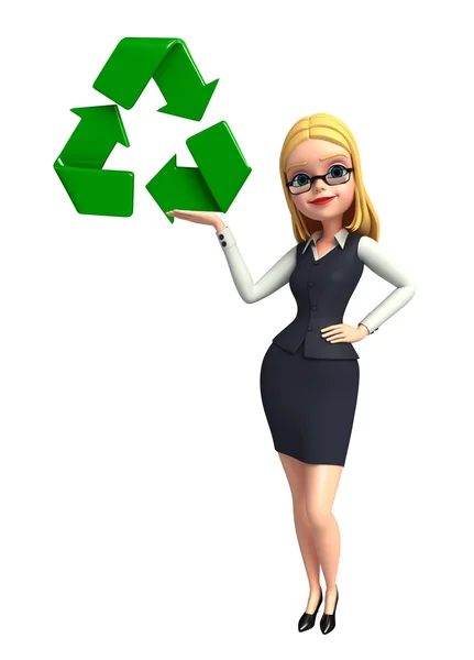 Молодая офисная девушка с иконой переработки — стоковое фото