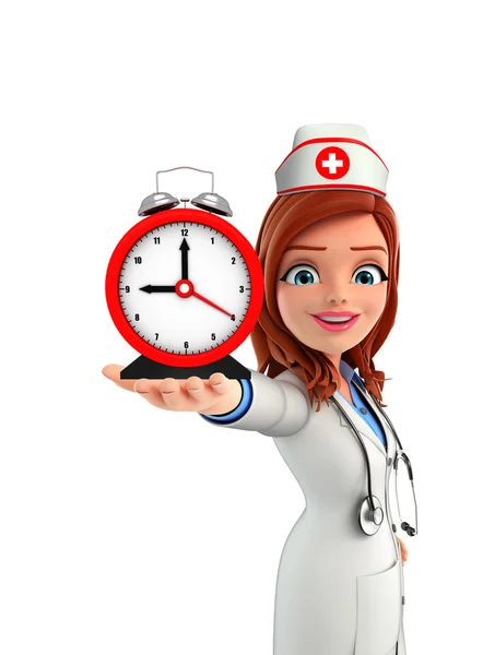 Verpleegkundige karakter met tabel klok — Stockfoto