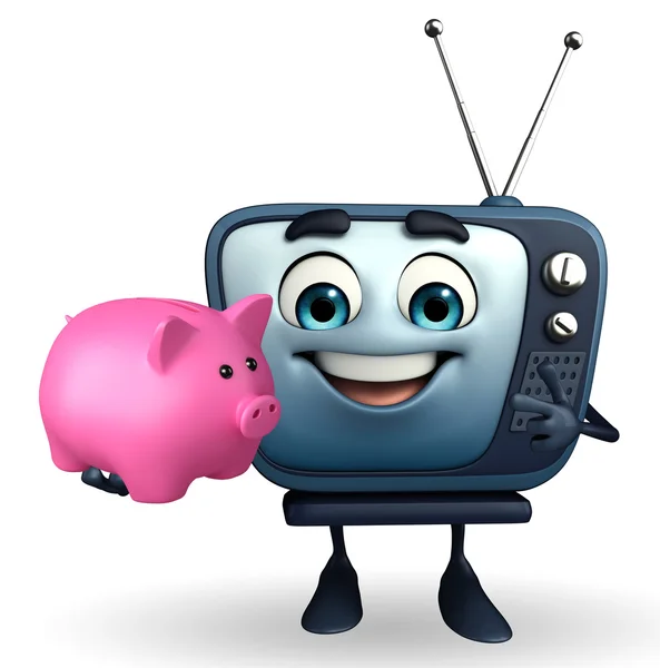TV karakter met piggy bank — Stockfoto